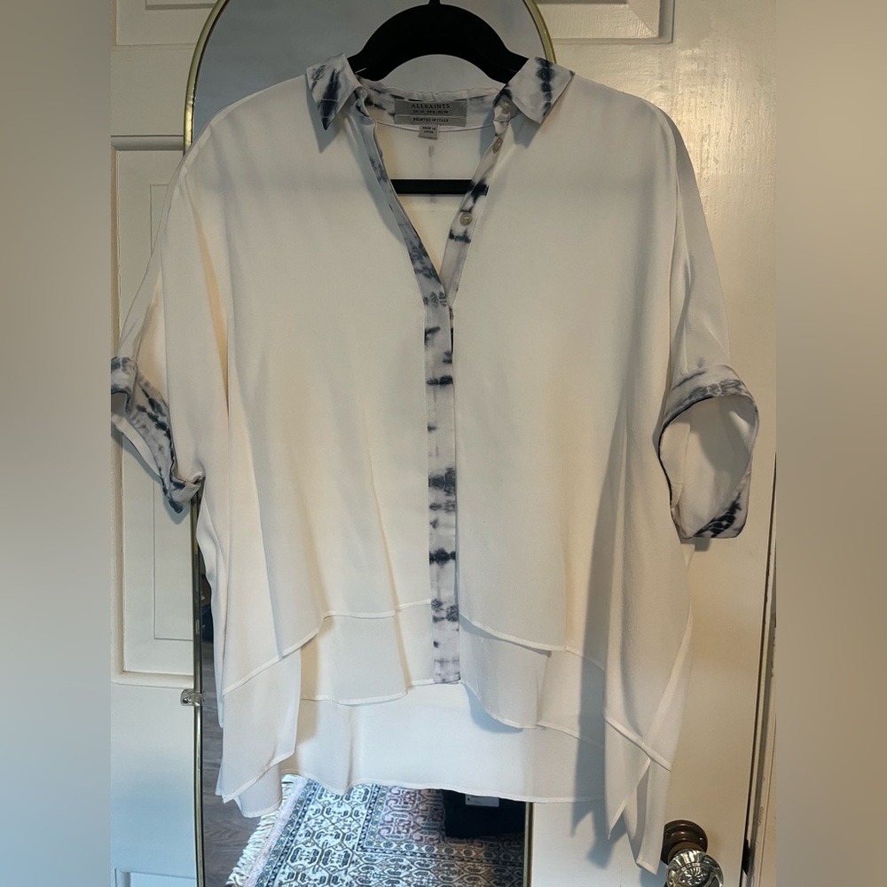 All Saints Wilder Silk Tunic Blouse with tie dye trim